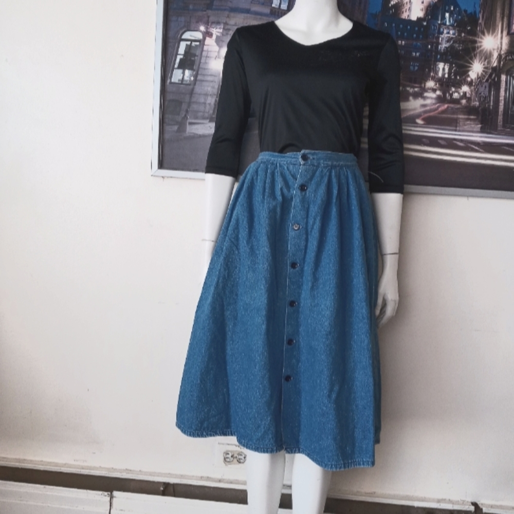 RALPH LAUREN VINTAGE HIGH WAISTED MIDI SKIRT - DENIM JEAN